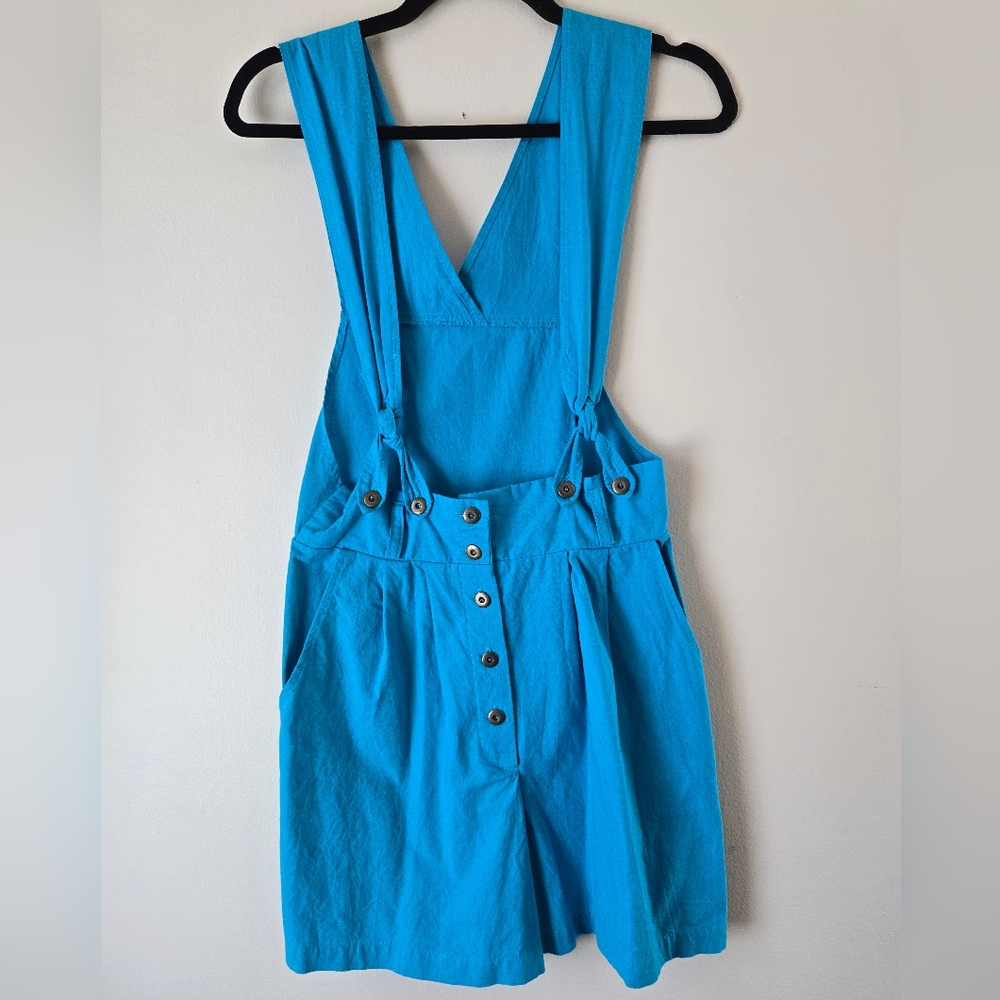 Vintage 90s, bright teal blue, romper, shorts, overalls, 100% cotton